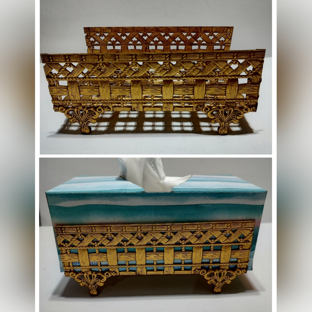 Brass Vintage metal basket weave tissue box holder